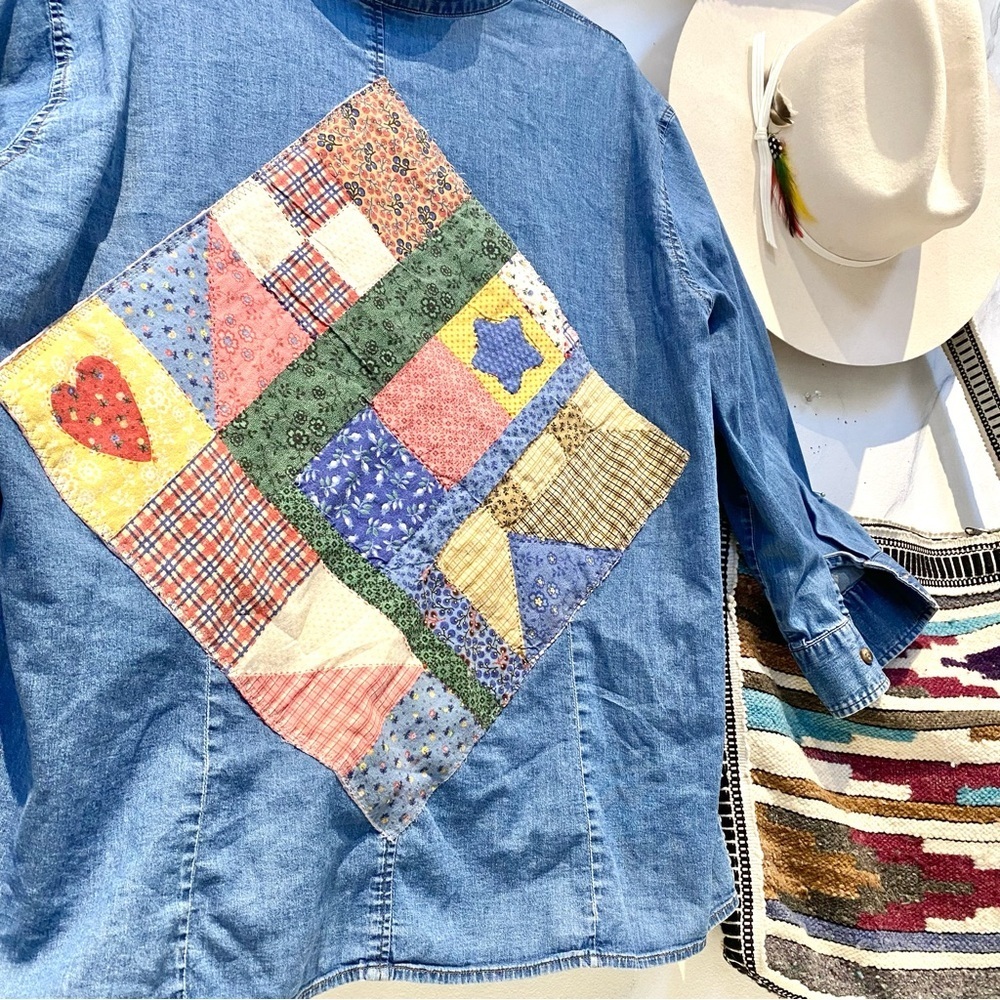 Upcycled patchwork vibe print on denim shirt w prairie country vibe